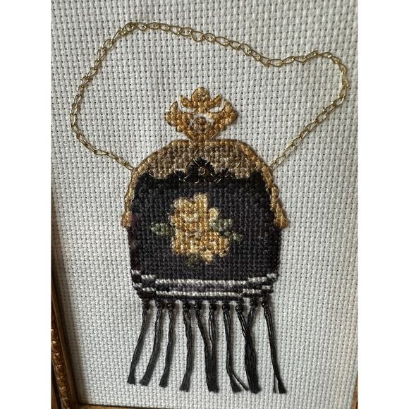 Framed needlepoint finished Counted Cross Stitch Vintage Purse Sandy Clough 6x7” - Picture 2 of 12